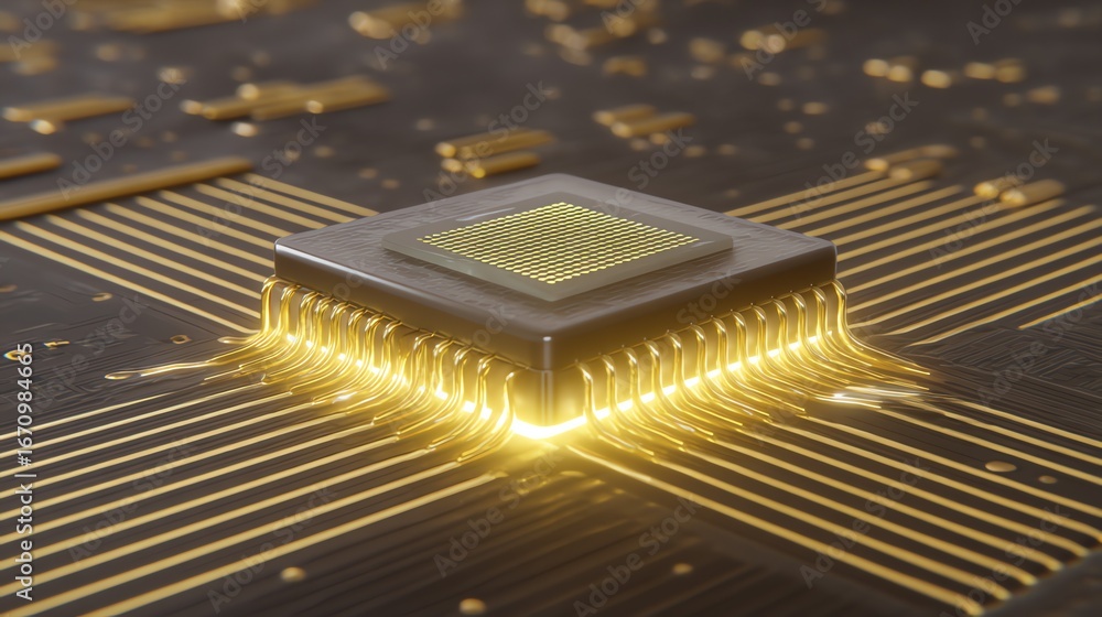 Aufkleber a detailed, digitally rendered image showcases a central processing unit, illuminated with golden li