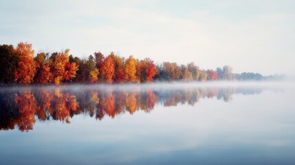 Obraz premium Beautiful Autumn Landscape With Colorful Trees Reflecting in Calm Water at Dawn
