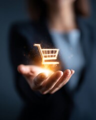 Businesswoman holding holographic e-commerce shopping cart