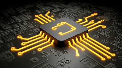 Fototapeta premium A glowing, central microchip dominates a complex network of circuitry, visually representing the core of digital processing and technological advancement, rendered in a sleek, futuristic style.