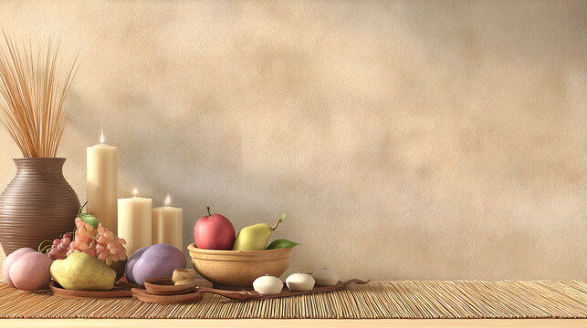 A Traditional Korean Harvest Altar with Fruit, Candles, and Dried Grains on a Wooden Table