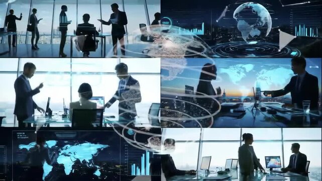 A dynamic montage of business professionals in modern offices. Scenes feature teamwork meetings and global data visualization. The video highlights corporate life technology and international commerce