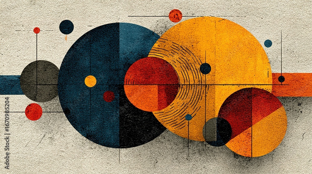 Aufkleber abstract geometric composition with overlapping circles and lines on a textured background.