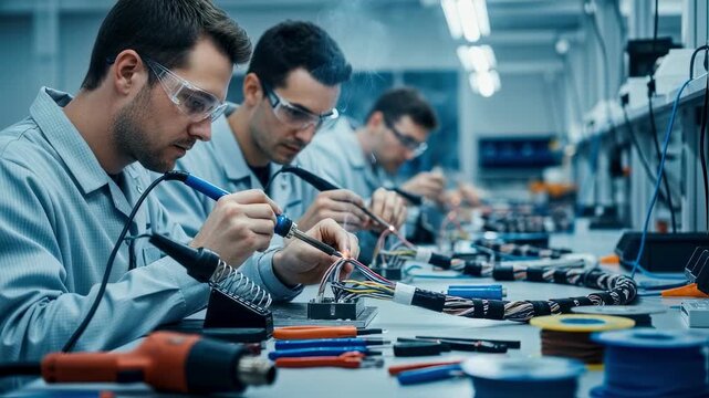 Side angle showing specialists using soldering equipment to connect insulated wires in a highvoltage harness assembly station for electric aviation.