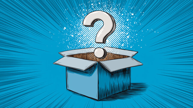 Open blue box with large question mark emerging from it, set against dynamic, comic style background, evokes curiosity and mystery