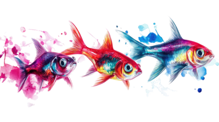three neon tetra fish watercolor painting on white background