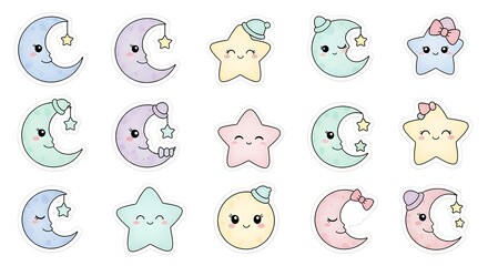 Obraz premium Adorable sticker sheet featuring cartoon moon and stars. Perfect for kids crafts, scrapbooking, and decoration.
