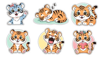 Obraz premium Adorable tiger sticker sheet illustration with playful cartoon characters and pastel colors for product decoration. Vector graphic.