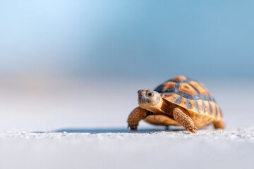 Obraz premium Small tortoise slowly moving across sandy surface, vibrant color