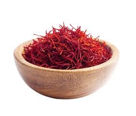 Fototapeta premium saffron thread in the wooden plate, isolated on the white background.