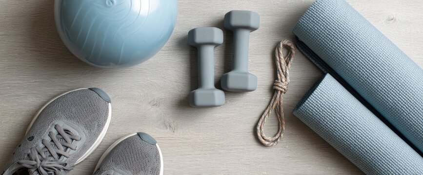 Exercise equipment a light blue exercise ball, gray athletic shoes, gray dumbbells, and light blue yoga mats