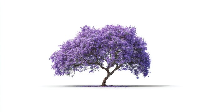 Blooming jacaranda tree, lush purple flowers, against a stark white backdrop