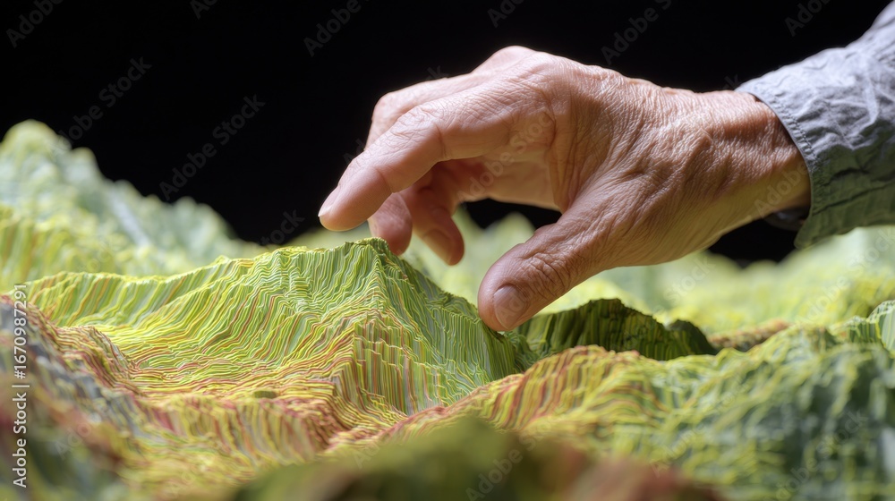Poster medium shot showing a hand interacting with a touchscreen elevation map highlighting steep slopes ba