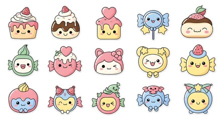 Adorable kawaii sticker sheet with playful cartoon characters and pastel colors, perfect for adding a touch of cuteness to any product.