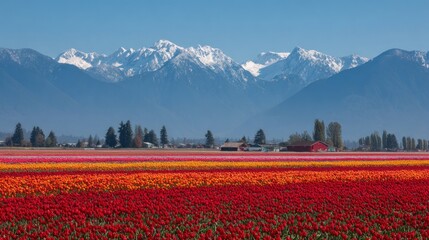 Colorful tulip field against snowy mountains