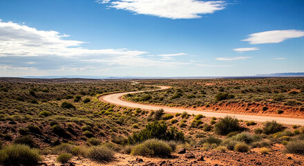 Naklejka premium An expansive view of a natural desert environment featuring dry brush and scrub foliage A dusty unpaved road curves through the rugged terrain inviting exploration