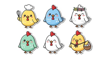Adorable kawaii chicken sticker sheet illustration for crafts and decorations. Cute cartoon chicks with happy faces in pastel colors.