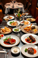 Gourmet Multi-Course Dinner Setup with Fine Wine, Meat, Seafood, and Elegant Plating at Luxury Restaurant