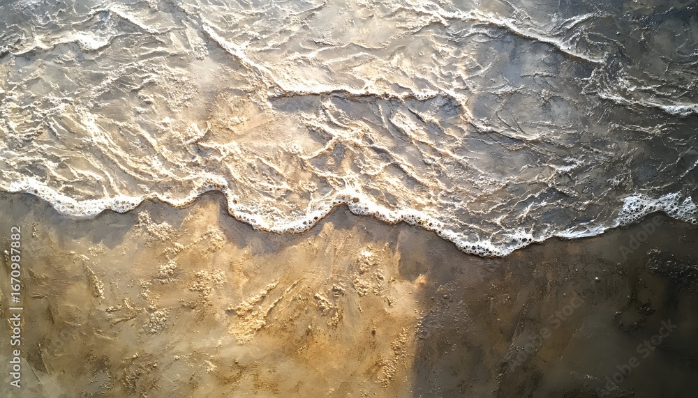 Poster the image shows a close-up view of ocean waves breaking on a beach, creating a contrast of light and