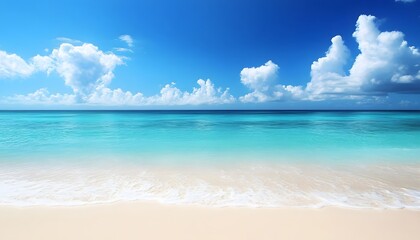 The illustration shows a tranquil beach scene with gentle waves lapping on a pristine white sandy shore under a vibrant blue sky dotted with fluffy white clouds.