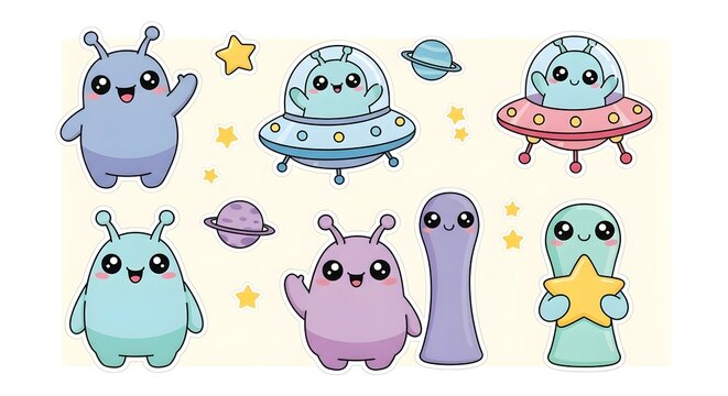 Adorable kawaii alien sticker sheet. Playful cartoon characters with happy faces. Pastel colors. Ready for cutting. Perfect for crafts and decorations.