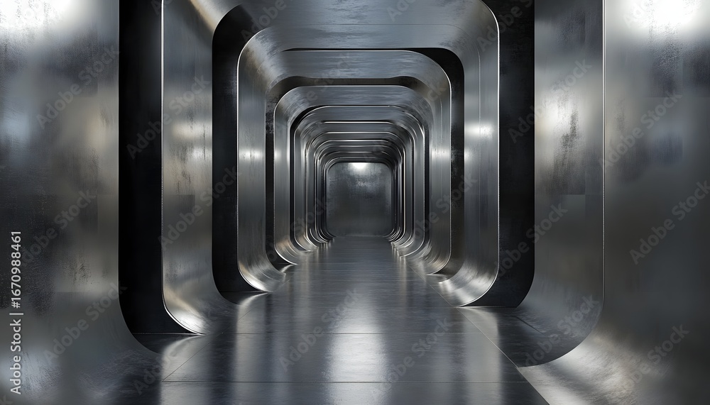 Poster the image shows a long, narrow corridor with curved metallic walls and a reflective floor, creating 