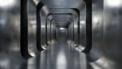 The image shows a long, narrow corridor with curved metallic walls and a reflective floor, creating a sense of depth and endlessness.