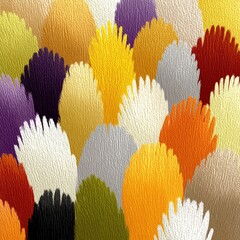 Abstract clusters of colorful textured brush strokes resembling vibrant fur-like forms in warm and cool shades.