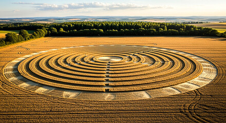Naklejka premium An expansive aerial view captures a complex geometric crop circle design meticulously etched into a ripe golden wheat field The sunlit pattern contrasts with a distant treeline and a hazy sky