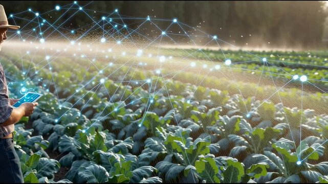a farmer is using an ai interface to monitor and control the water distribution in his vegetable garden