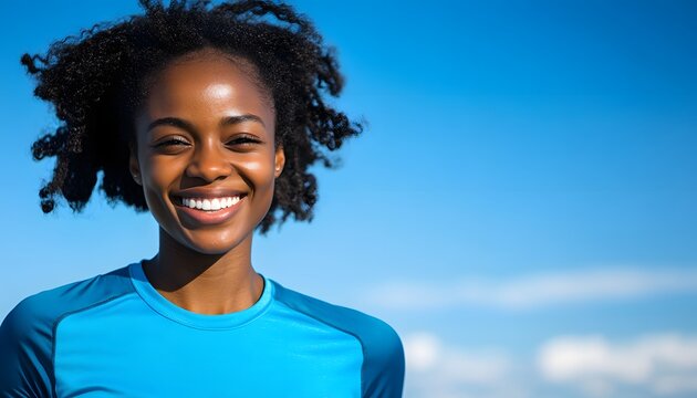 A portrait of a Black woman with curly hair smiling brightly, wearing a vibrant blue shirt against a clear sky background.