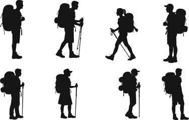 Silhouettes of hikers with backpacks and trekking poles standing and walking, outdoor adventure, hiking activity, nature exploration, trekking, travel, mountain trail, camping gear, fitness