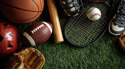 Assorted sports equipment on green grass (1)