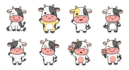 Fototapeta premium Adorable kawaii cow sticker sheet. Cute cartoon animal characters for kids, pastel colors, happy faces. Vector illustration.