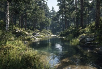 Serene forest river flowing through lush green trees and moss-covered rocks in nature