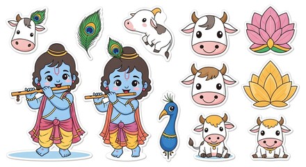 Adorable Kawaii Krishna Sticker Sheet with playful cartoon characters and pastel colors, perfect for crafts and decorations.