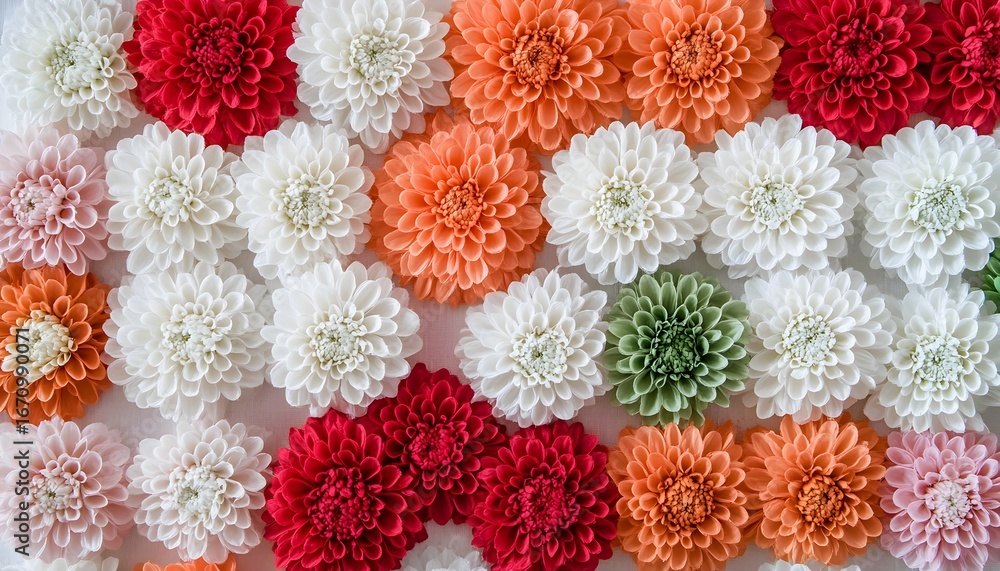 Poster the image shows multiple artificial dahlia flowers in various colors arranged in rows against a whit
