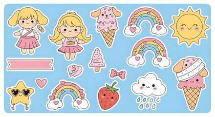 Obraz premium Adorable kawaii sticker sheet with pastel-colored cartoon characters, perfect for crafts and decorations.