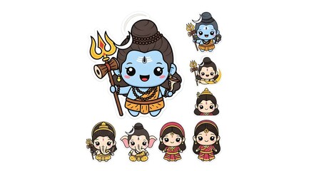 Obraz premium Kawaii Shiva sticker sheet. Cute cartoon Hindu deities. Pastel colors, playful designs. Perfect for crafts and decorations.