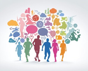 Diverse group of people running amidst a cluster of colorful sports and activity icons