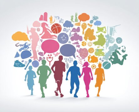 Diverse group of people running amidst a cluster of colorful sports and activity icons - Powered by Adobe