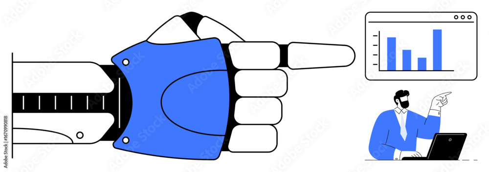 Poster Robotic hand gestures toward a bar chart on a screen as a businessman in a suit observes and points, reflecting technology collaboration, AI insights, and data-driven strategies. Ideal