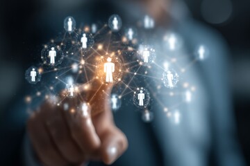 Business leader pointing at a holographic group of people network