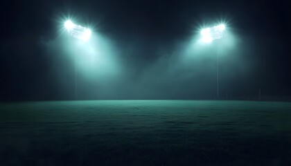 Fototapeta premium Two tall stadium lights illuminate an empty, dark sports field covered in grass, creating a dramatic, shadowy atmosphere.