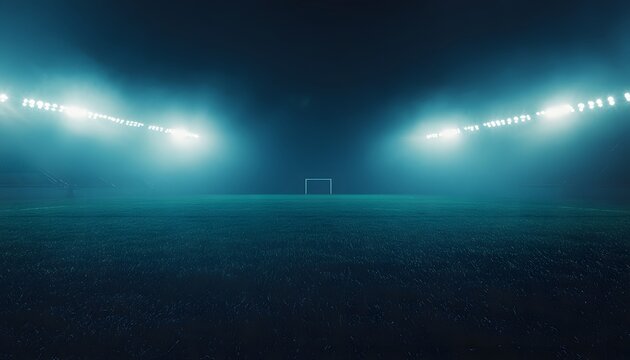 The illustration shows a dark, empty soccer field at night, illuminated by bright stadium lights, with a goal in the center.