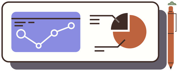Line graph and pie chart illustrating data insights with a pen on the side. Ideal for analytics, reporting, business strategies, finance, education, presentations, and simple flat metaphor