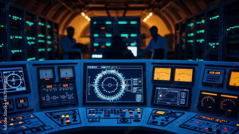 Aufkleber view of precision instrumentation and control panels monitoring the status of particle accelerator m