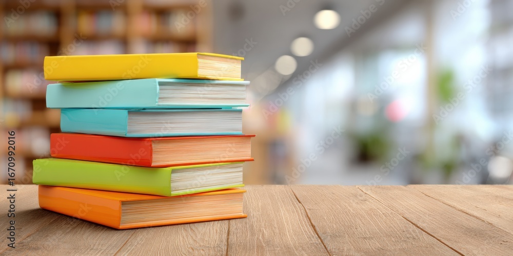 Poster colorful stack of books in a library on a wooden table during daytime with blurred background
