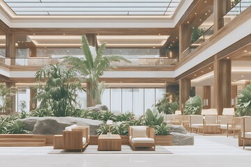 Fototapeta premium Modern Lobby Interior with Lush Greenery Elegant Design with Bright Airy Space.