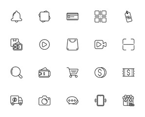 User Interface icon set. Minimal line icons. UI vectr symbols. Includes Notifiation, Feed, Credit card, ategory, Discount, Video payer, Shopping cart, Chat nd more.